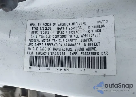 2014 Honda Accord Lx из США, поврежденный, VIN 1HGCR2F31EA035536